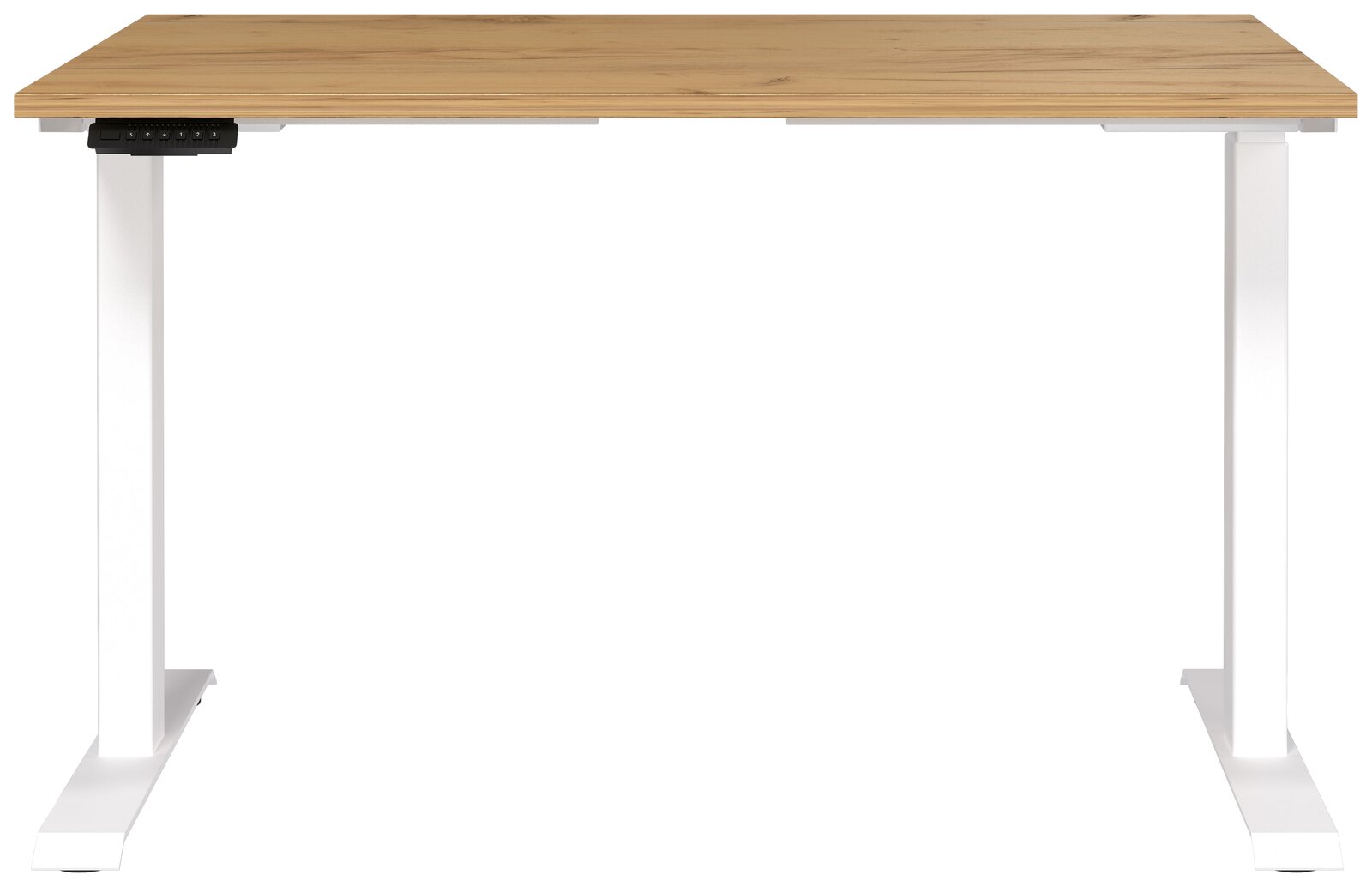 Elektrisch höhenverstellbarer Schreibtisch mit Holzplatte und weißen Metallbeinen, Frontalansicht