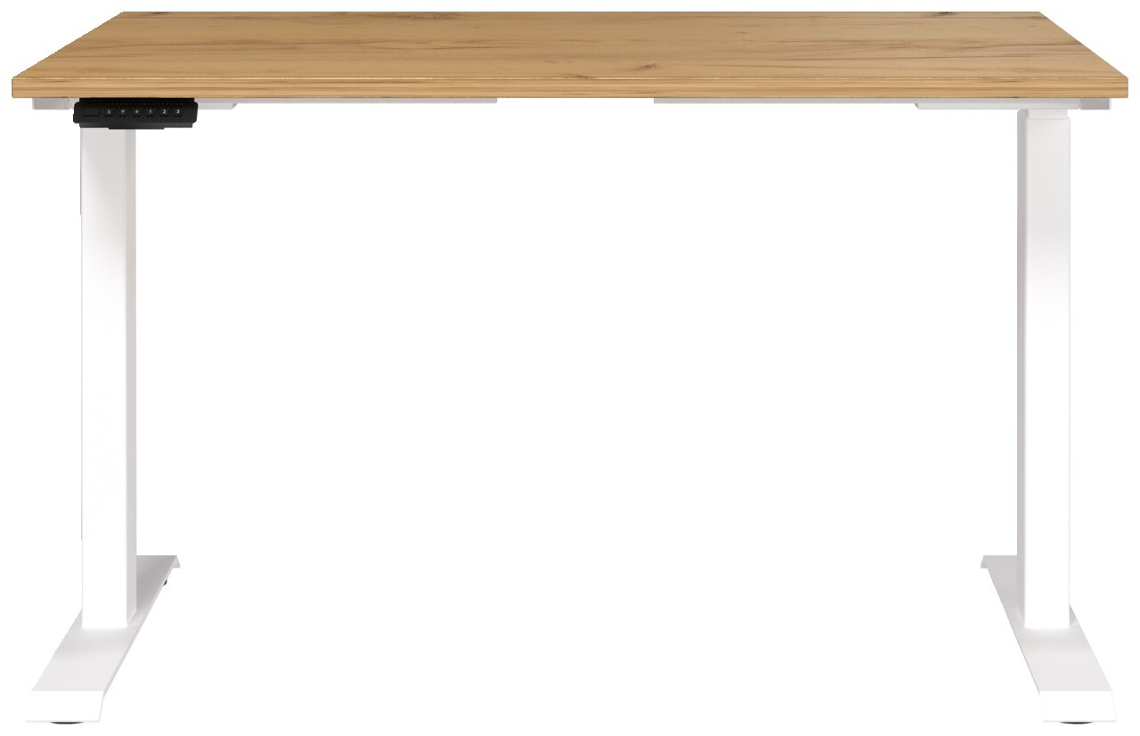 Elektrisch höhenverstellbarer Schreibtisch mit Holzplatte und weißen Metallbeinen, Frontalansicht