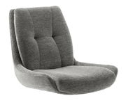 Grauer, moderner Stuhl mit gepolsterter Rückenlehne und Sitzfläche, seitliche Perspektive