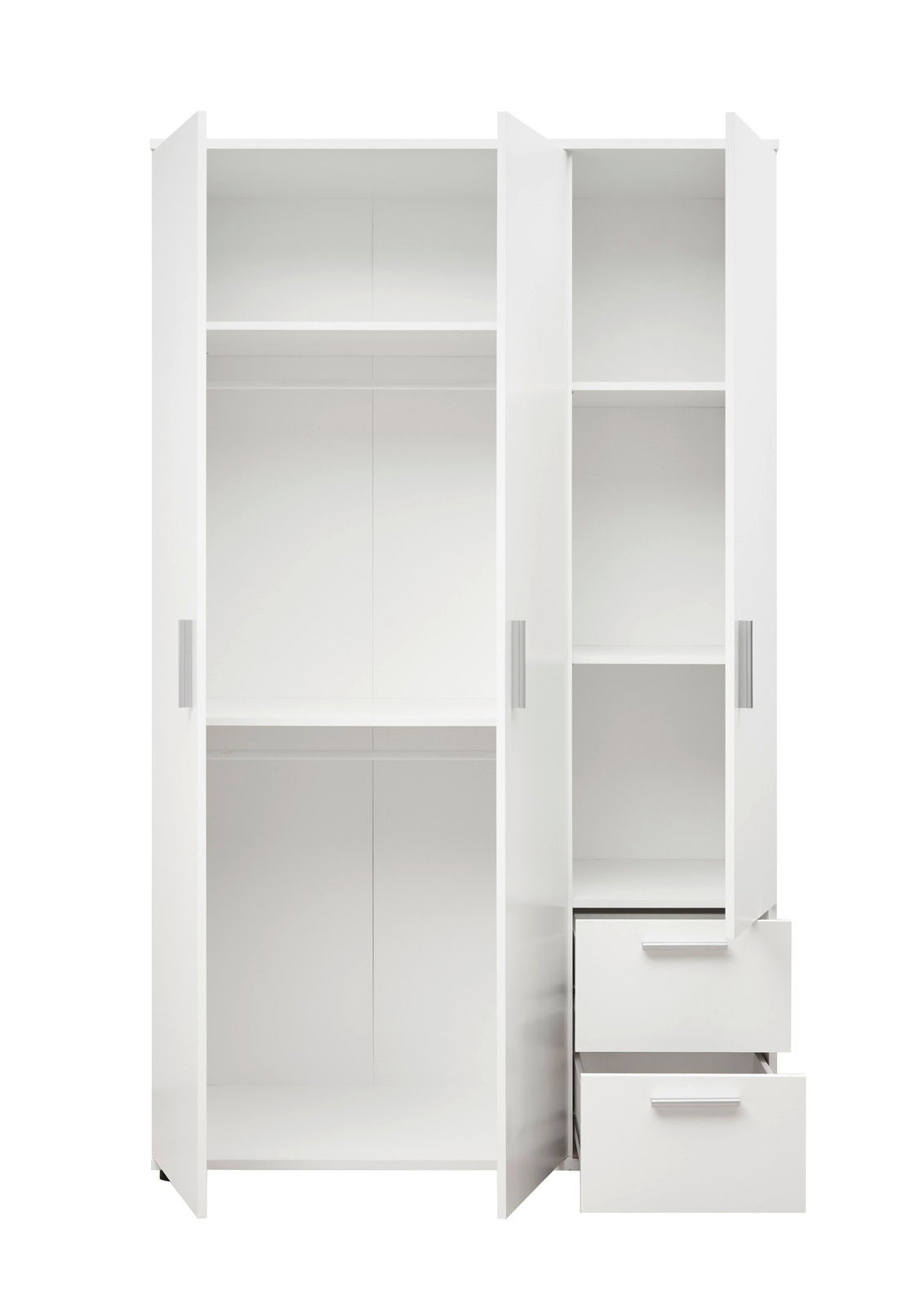 Weißer, dreitüriger Kleiderschrank mit offenen Türen und Schubladen, Frontalansicht