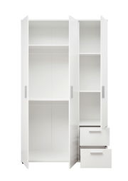 Weißer, dreitüriger Kleiderschrank mit offenen Türen und Schubladen, Frontalansicht