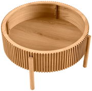 Runder Couchtisch aus Holz mit gerilltem Design, seitliche Perspektive