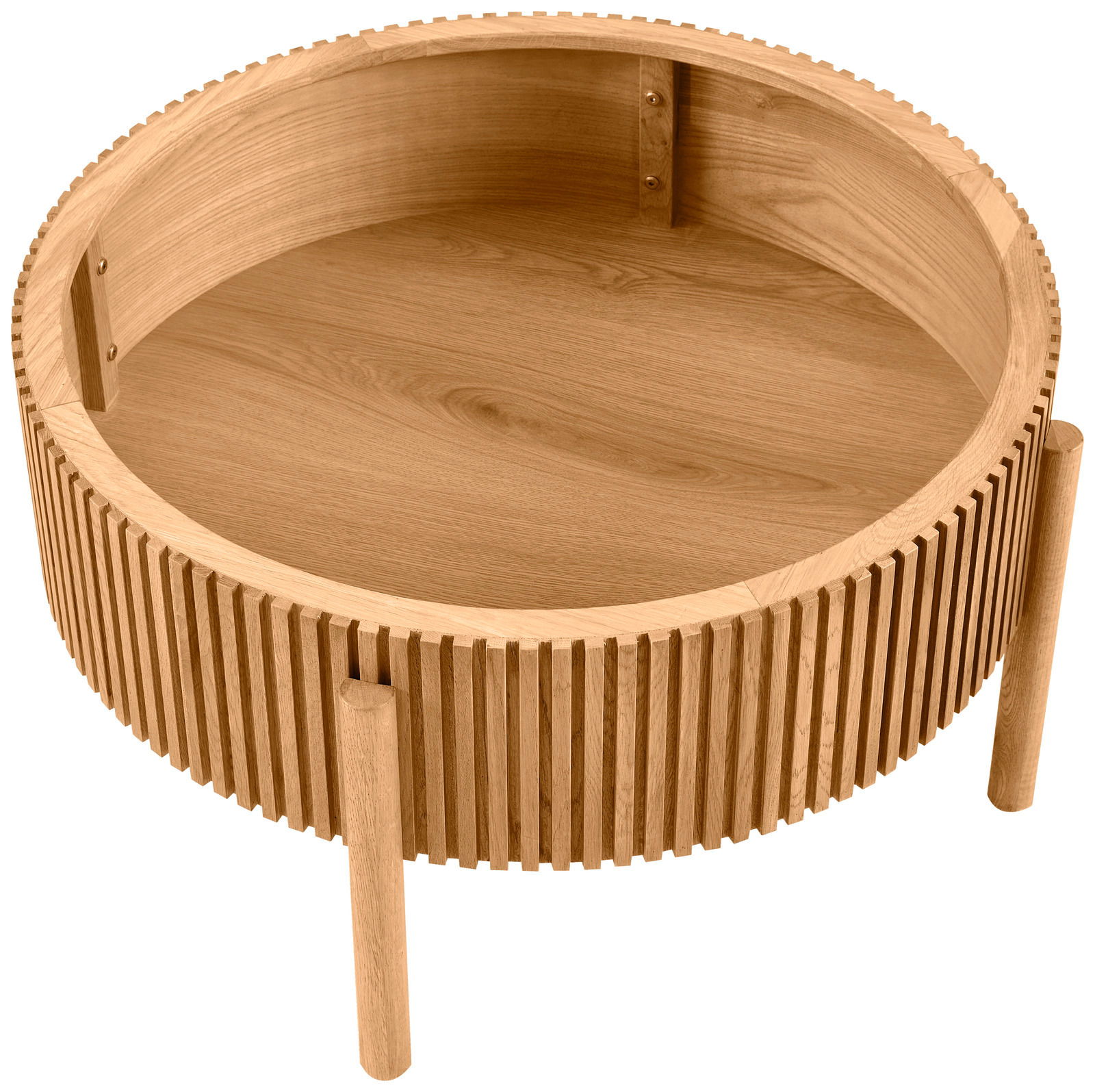 Runder Couchtisch aus Holz mit gerilltem Design, seitliche Perspektive