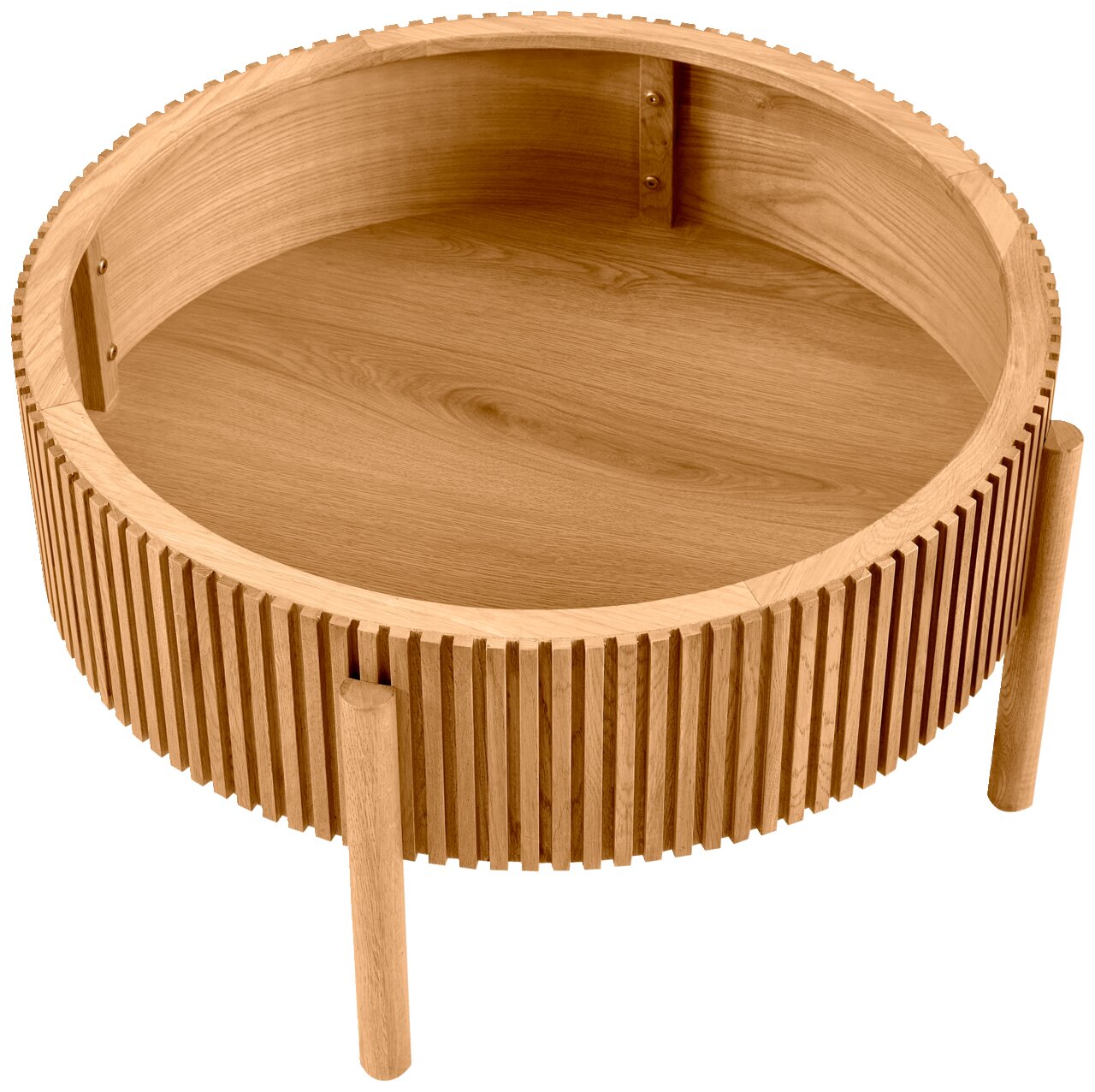 Runder Couchtisch aus Holz mit gerilltem Design, seitliche Perspektive