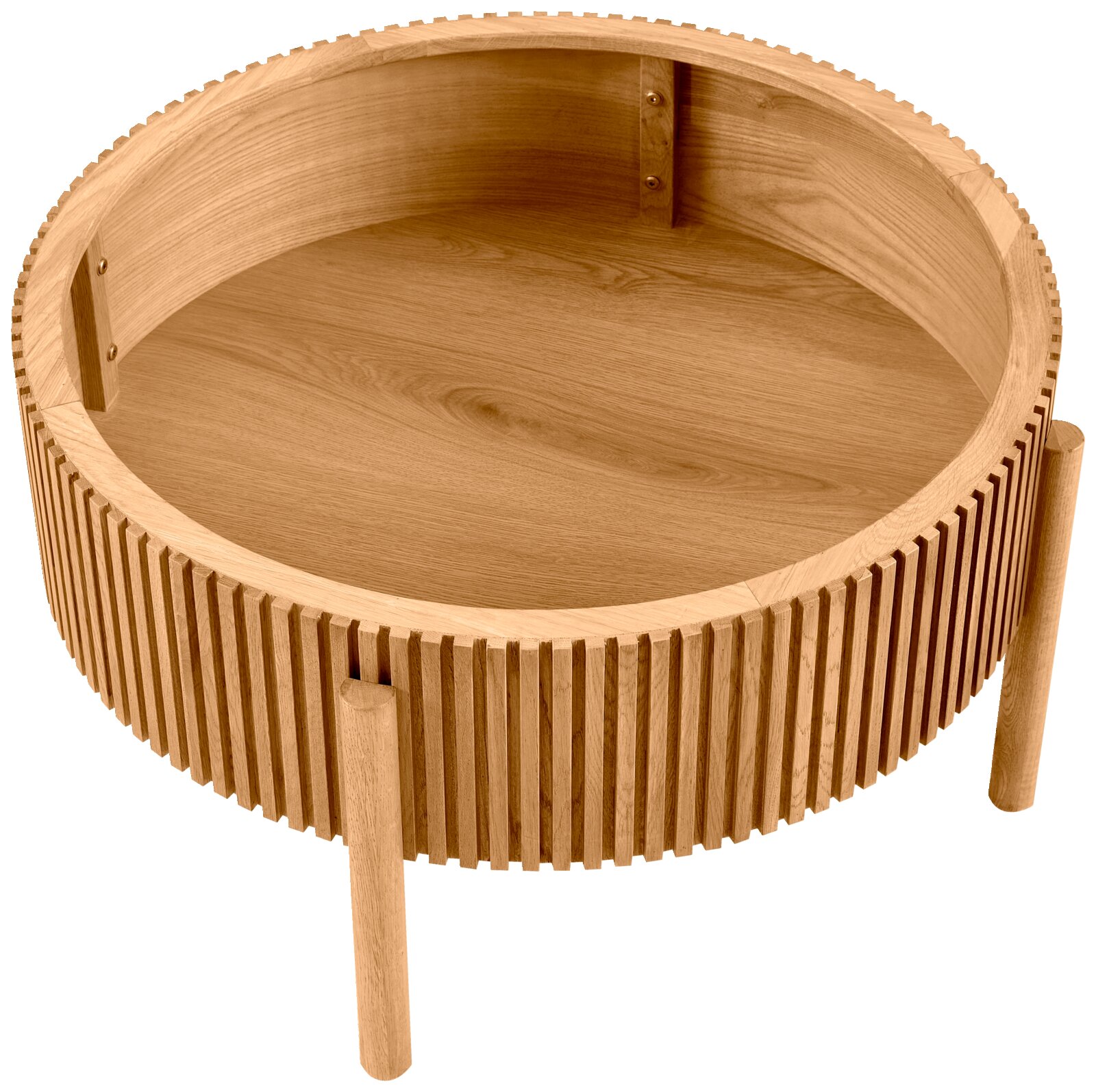 Runder Couchtisch aus Holz mit gerilltem Design, seitliche Perspektive