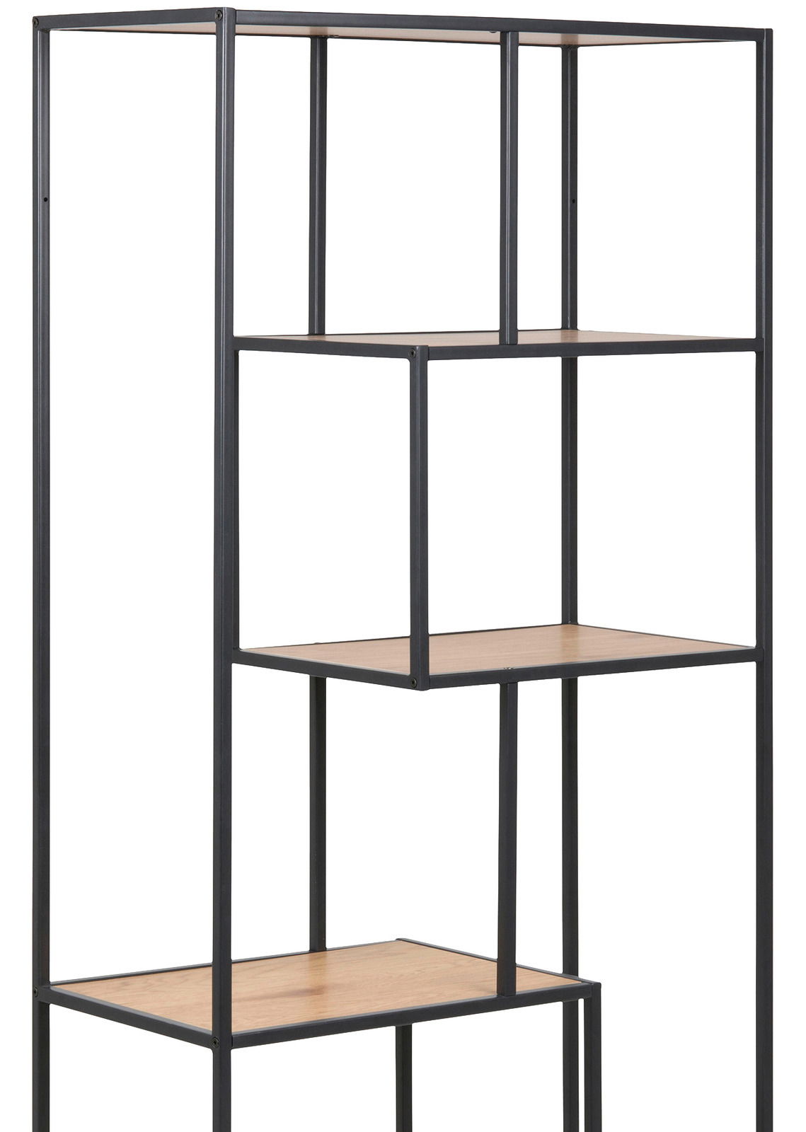 Modernes Regal mit schwarzem Metallrahmen und Holzböden, seitliche Perspektive