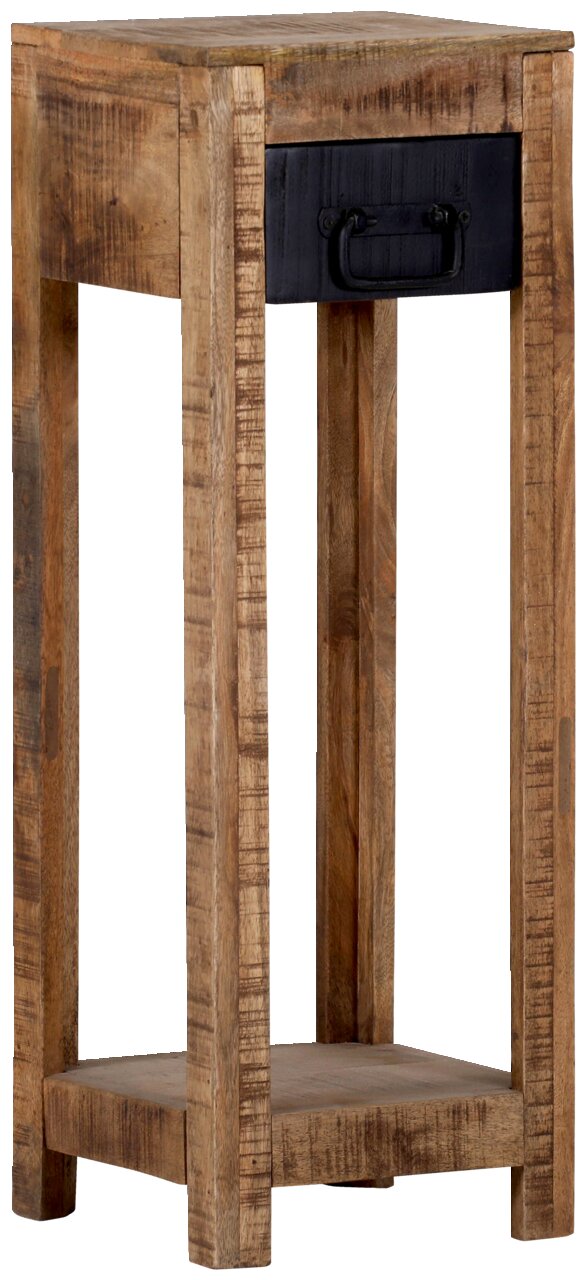 Rustikaler Beistelltisch aus Holz mit Schublade, seitliche Perspektive