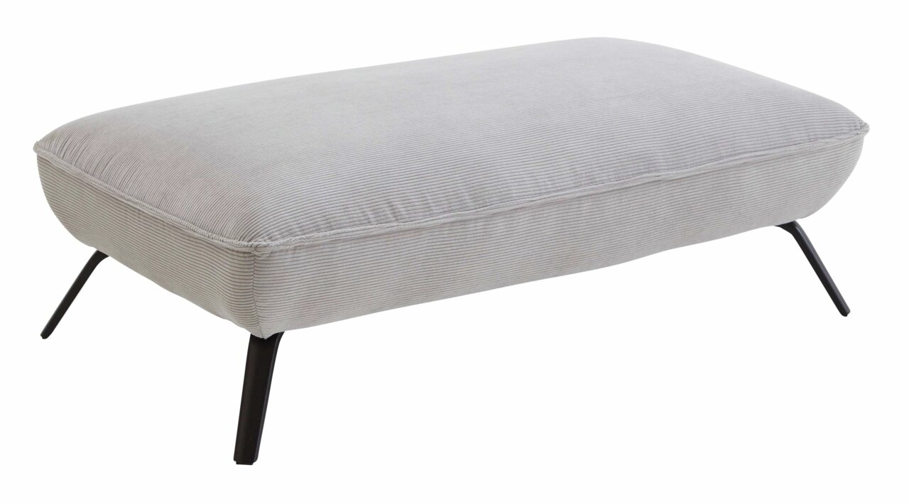 Moderano Hocker rechteckig BETA Rechteckiger Hocker mit hellgrauem Stoffbezug und schwarzen Metallbeinen, seitliche Perspektive