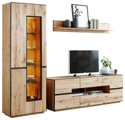 Wandkombination Linea Natura KELIO aus Holz mit Vitrine, TV-Schrank und Wandregal, frontal betrachtet.