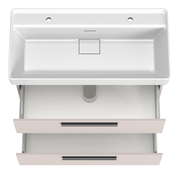 Waschtisch-Set mit zwei Armaturenlöchern, Ansicht von oben, mit zwei Schubladen darunter.