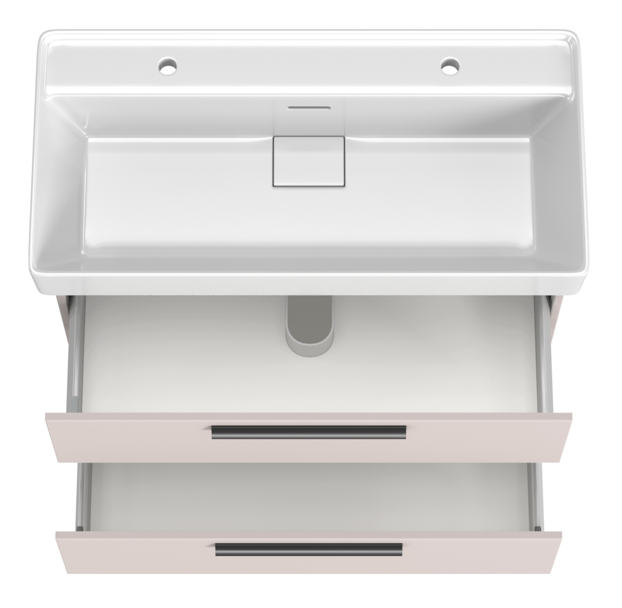 Waschtisch-Set mit zwei Armaturenlöchern, Ansicht von oben, mit zwei Schubladen darunter.