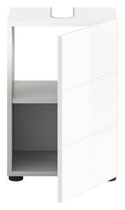 Weißer Waschbeckenunterschrank mit geöffneter Tür, Frontansicht