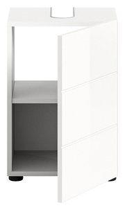 Weißer Waschbeckenunterschrank mit geöffneter Tür, Frontansicht