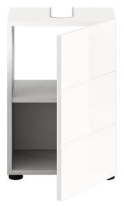 Weißer Waschbeckenunterschrank mit geöffneter Tür, Frontansicht