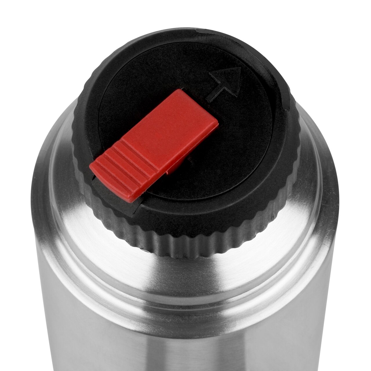 Ansicht von oben auf den Deckel einer silbernen Isolierflasche mit rotem Verschlusshebel.