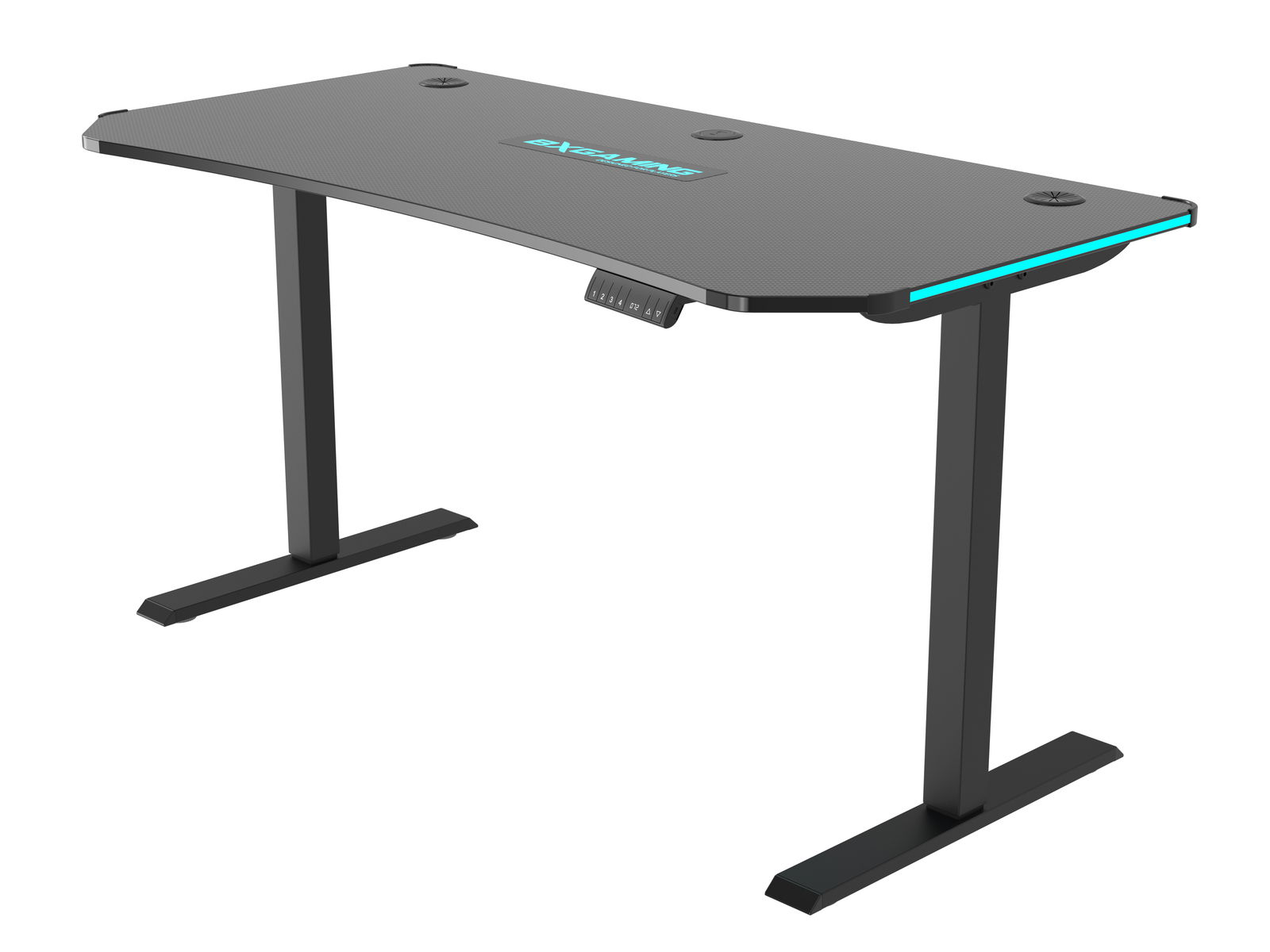 Moderner E-Gaming Tisch mit schwarzer Oberfläche und blauen Akzenten, seitliche Perspektive