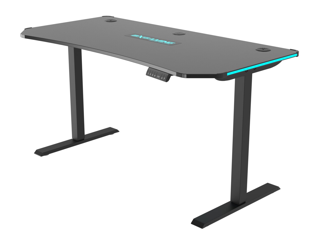 Moderner E-Gaming Tisch mit schwarzer Oberfläche und blauen Akzenten, seitliche Perspektive