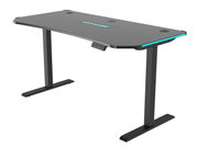 Moderner E-Gaming Tisch mit schwarzer Oberfläche und blauen Akzenten, seitliche Perspektive