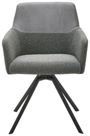 Moderner grauer Sessel mit gepolstertem Sitz und Rückenlehne, schwarzes Metallgestell, Frontalansicht