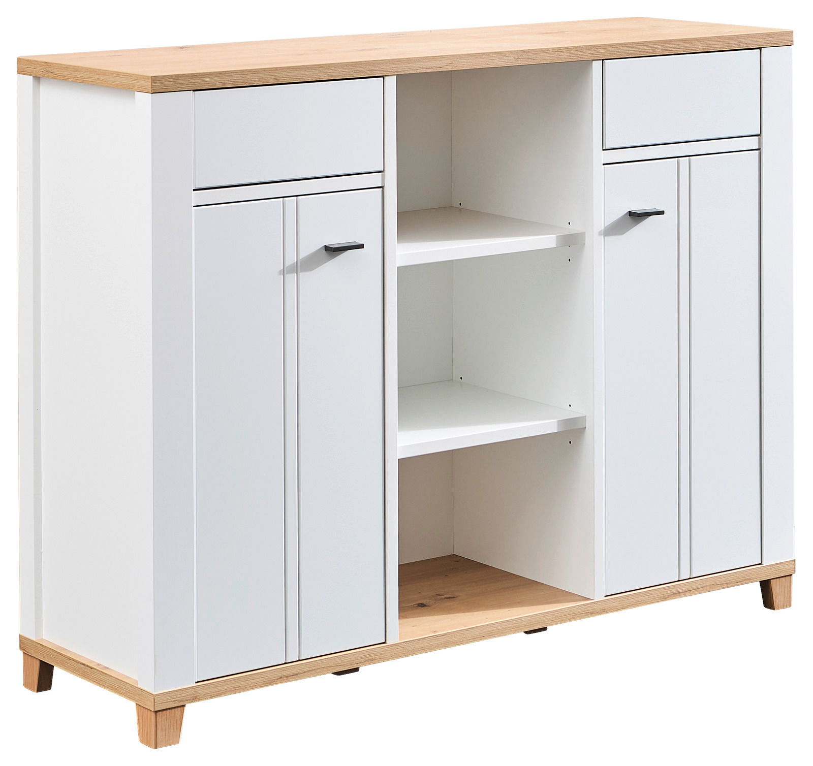 Hom´in Kommode HYGGE BÜRO Weiße Kommode mit Holzoberfläche, zwei Schubladen und vier Türen, frontal betrachtet.