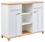 Weiße Kommode mit Holzoberfläche, zwei Schubladen und vier Türen, frontal betrachtet.