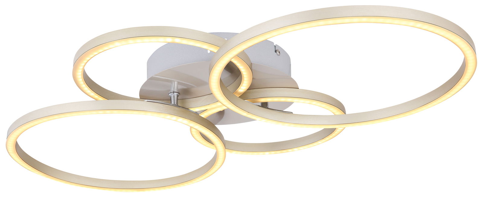 Moderne Deckenleuchte mit drei ineinander verschlungenen, leuchtenden Ringen in Nickel matt, seitliche Perspektive.