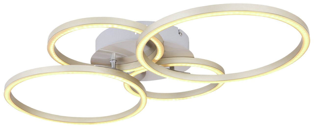 Moderne Deckenleuchte mit drei ineinander verschlungenen, leuchtenden Ringen in Nickel matt, seitliche Perspektive.
