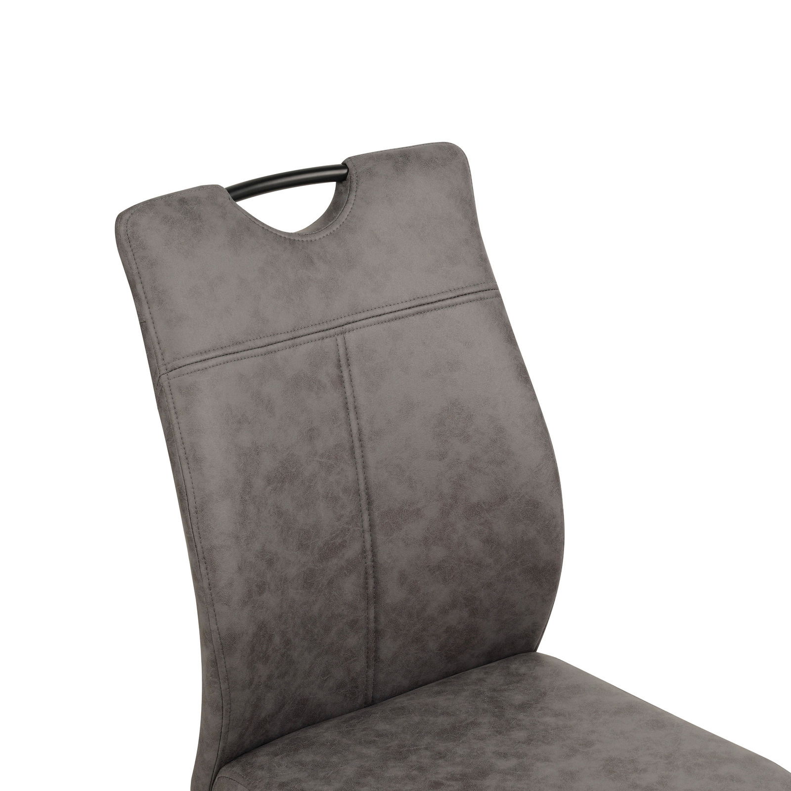 XORA Schwingstuhl KERMIT Detailansicht eines grauen Schwingstuhls mit gepolsterter Rückenlehne und schwarzem Griff.