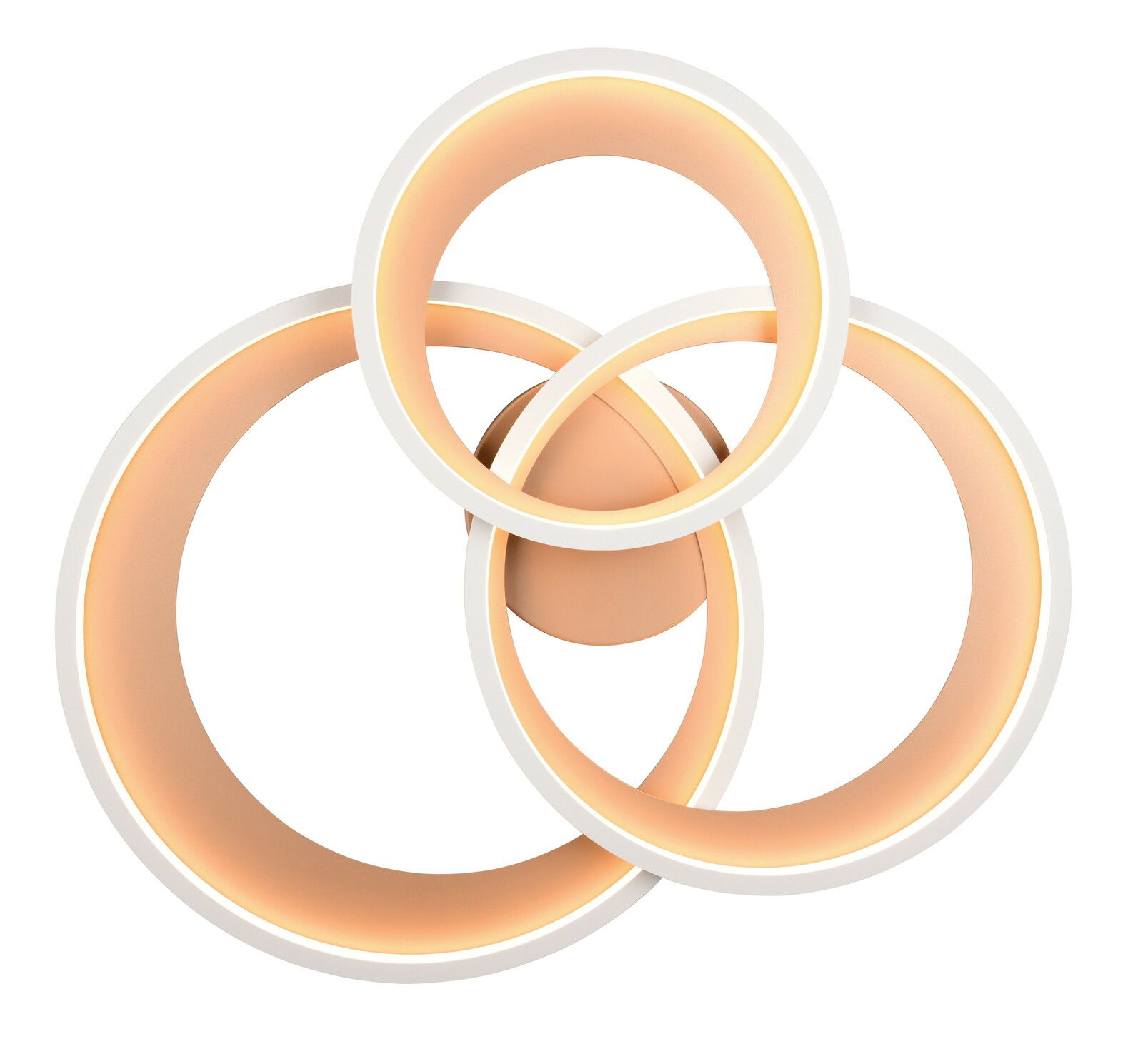 Moderne Deckenleuchte mit drei ineinander verschlungenen, leuchtenden Ringen, Ansicht von unten.