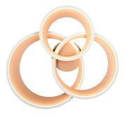 Moderne Deckenleuchte mit drei ineinander verschlungenen, leuchtenden Ringen, Ansicht von unten.