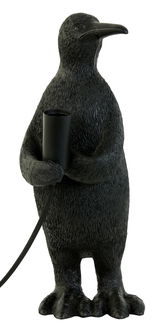 Schwarze Tischleuchte in Form eines Pinguins, der eine Lampenfassung hält, frontal abgebildet.