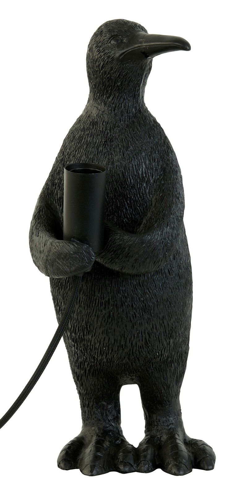 Schwarze Tischleuchte in Form eines Pinguins, der eine Lampenfassung hält, frontal abgebildet.