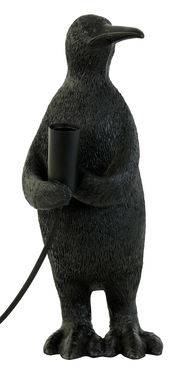 Schwarze Tischleuchte in Form eines Pinguins, der eine Lampenfassung hält, frontal abgebildet.