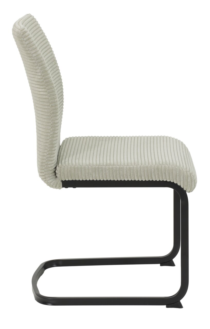Zijaanzicht van een moderne schommelstoel met een lichtgrijze, geribbelde stoffen bekleding en een zwart metalen frame.
