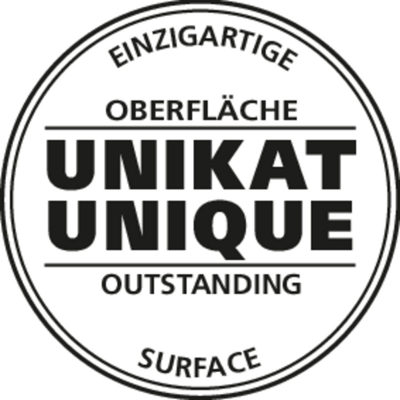 Rundes Siegel mit der Aufschrift 'Einzigartige Oberfläche, Unikat, Outstanding, Unique, Surface' in schwarzer Schrift auf weißem Hintergrund, Draufsicht.