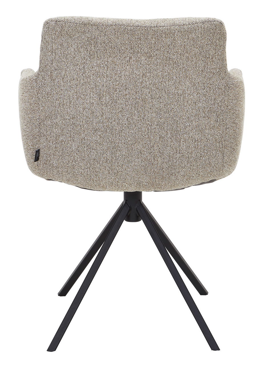 Rückansicht eines Sessels mit beigem Stoffbezug und schwarzem Metallgestell.