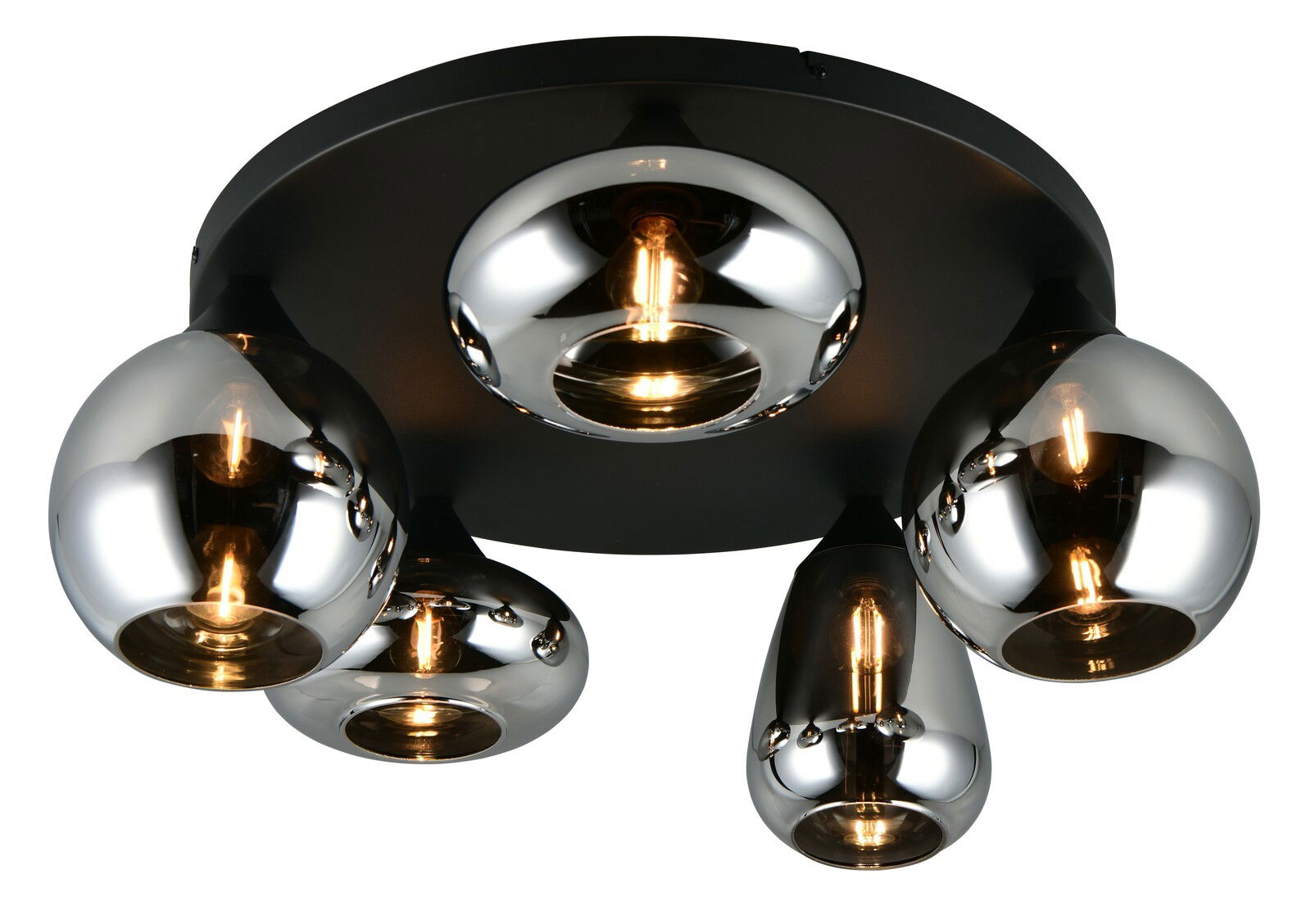 Moderne Deckenleuchte mit vier glänzenden, chromfarbenen Lampenschirmen, Ansicht von unten