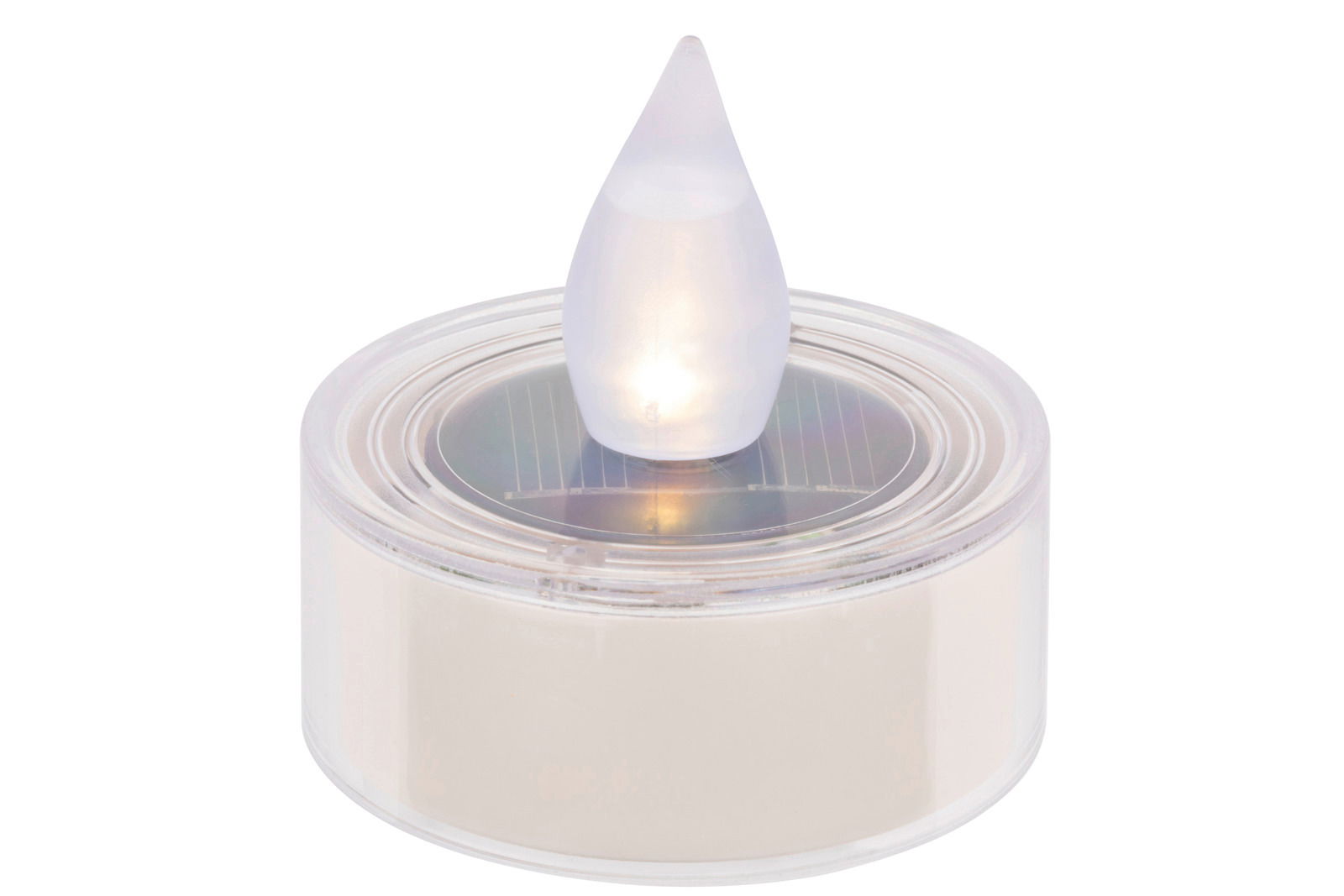 Runde Solarleuchte mit flammenförmigem Lichtaufsatz, seitliche Perspektive