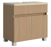 Waschbeckenunterschrank aus Holz mit geriffelter Oberfläche, seitliche Perspektive