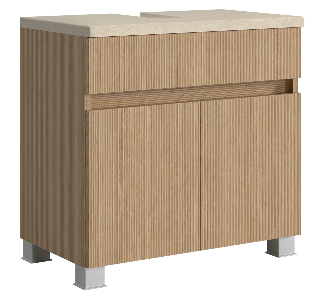 Waschbeckenunterschrank aus Holz mit geriffelter Oberfläche, seitliche Perspektive