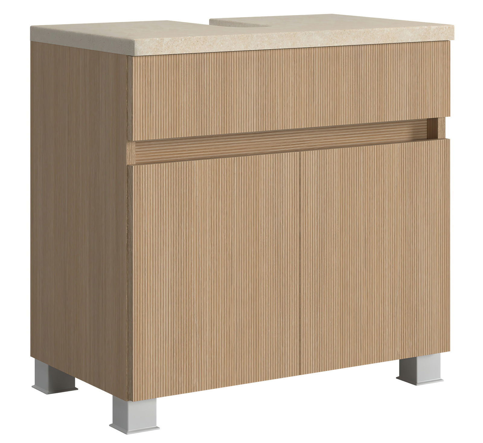 Waschbeckenunterschrank aus Holz mit geriffelter Oberfläche, seitliche Perspektive