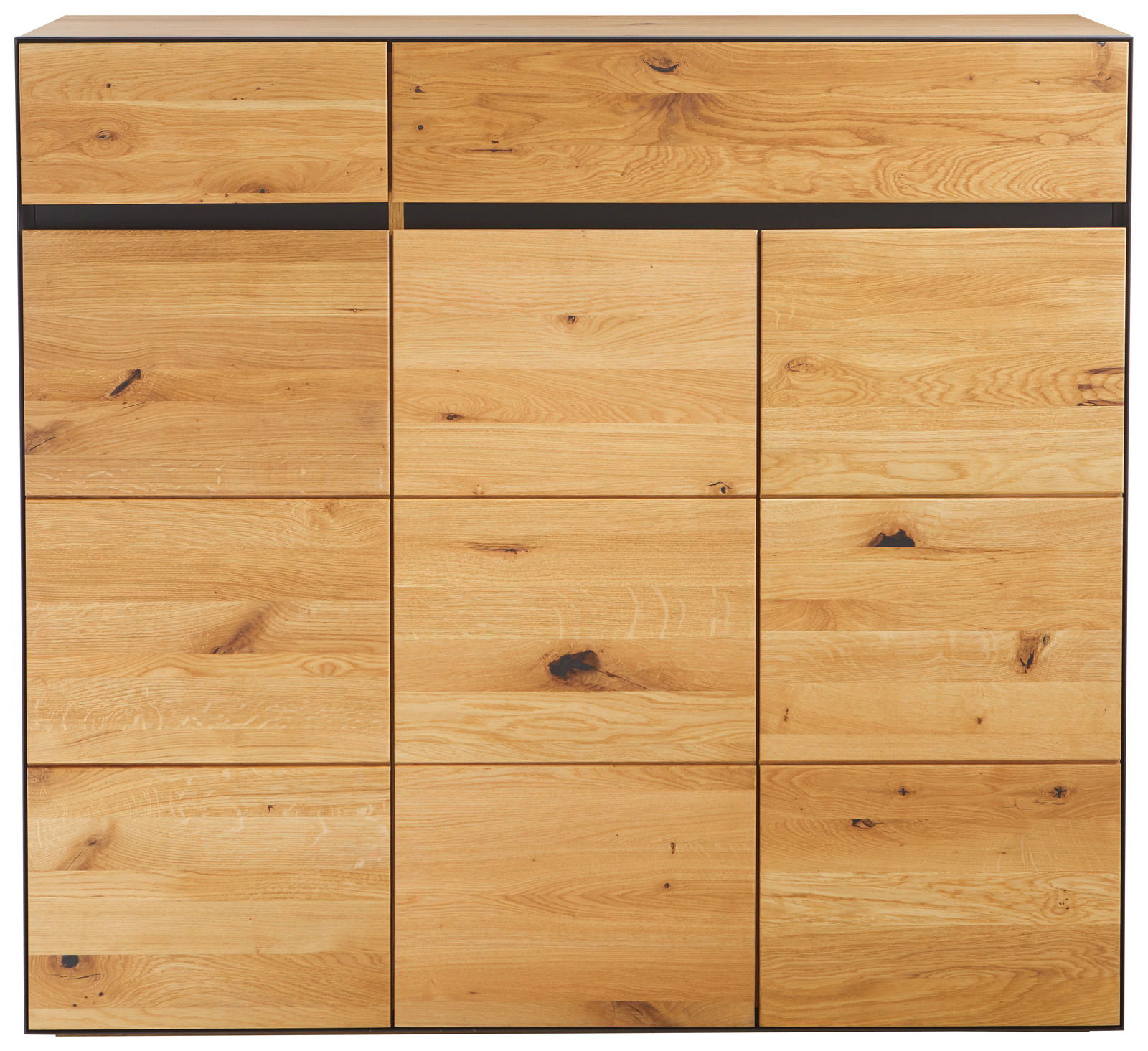 Frontansicht eines XL-Schuhschranks aus hellem Holz mit mehreren Türen und Schubladen.