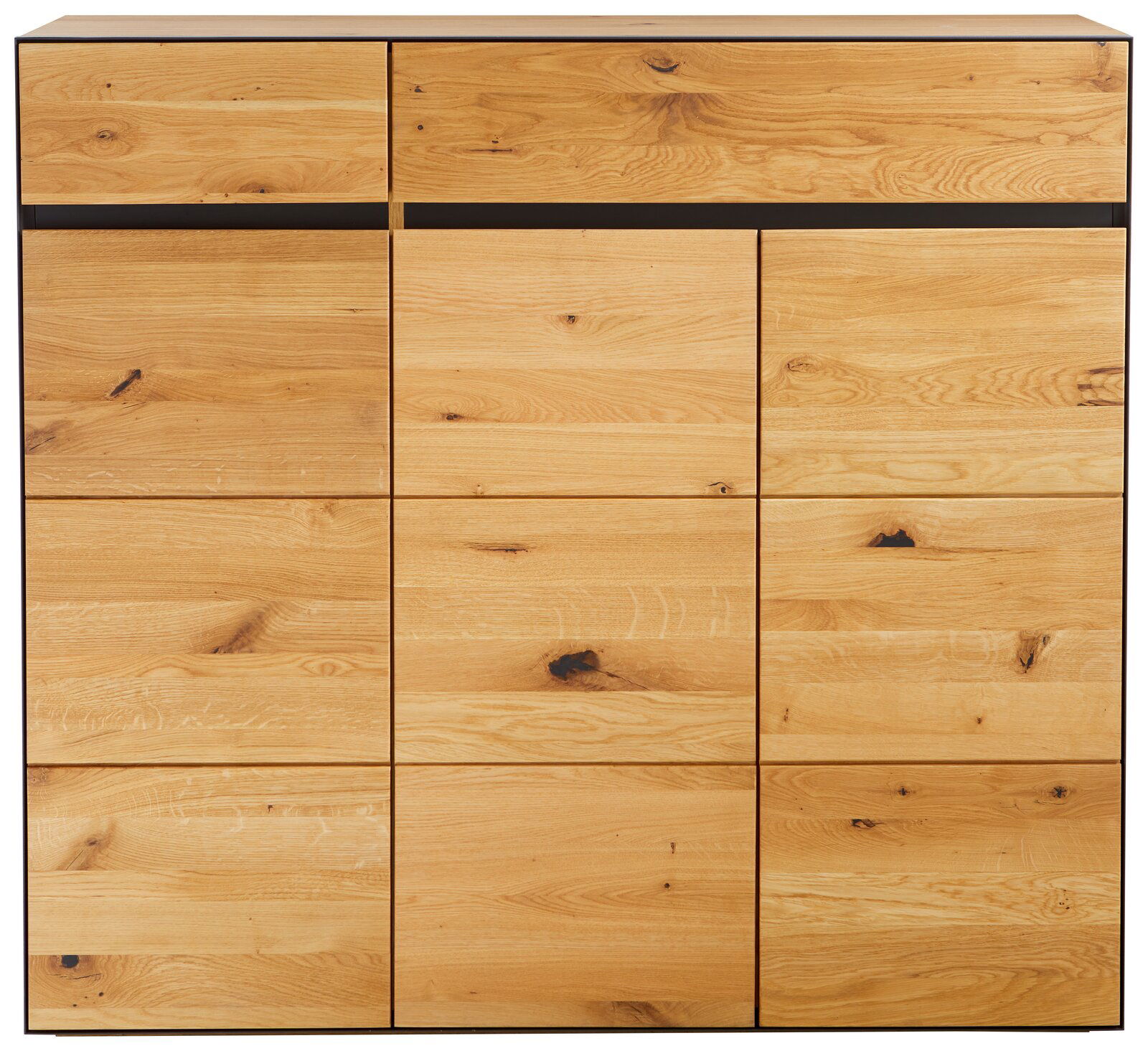 Frontansicht eines XL-Schuhschranks aus hellem Holz mit mehreren Türen und Schubladen.