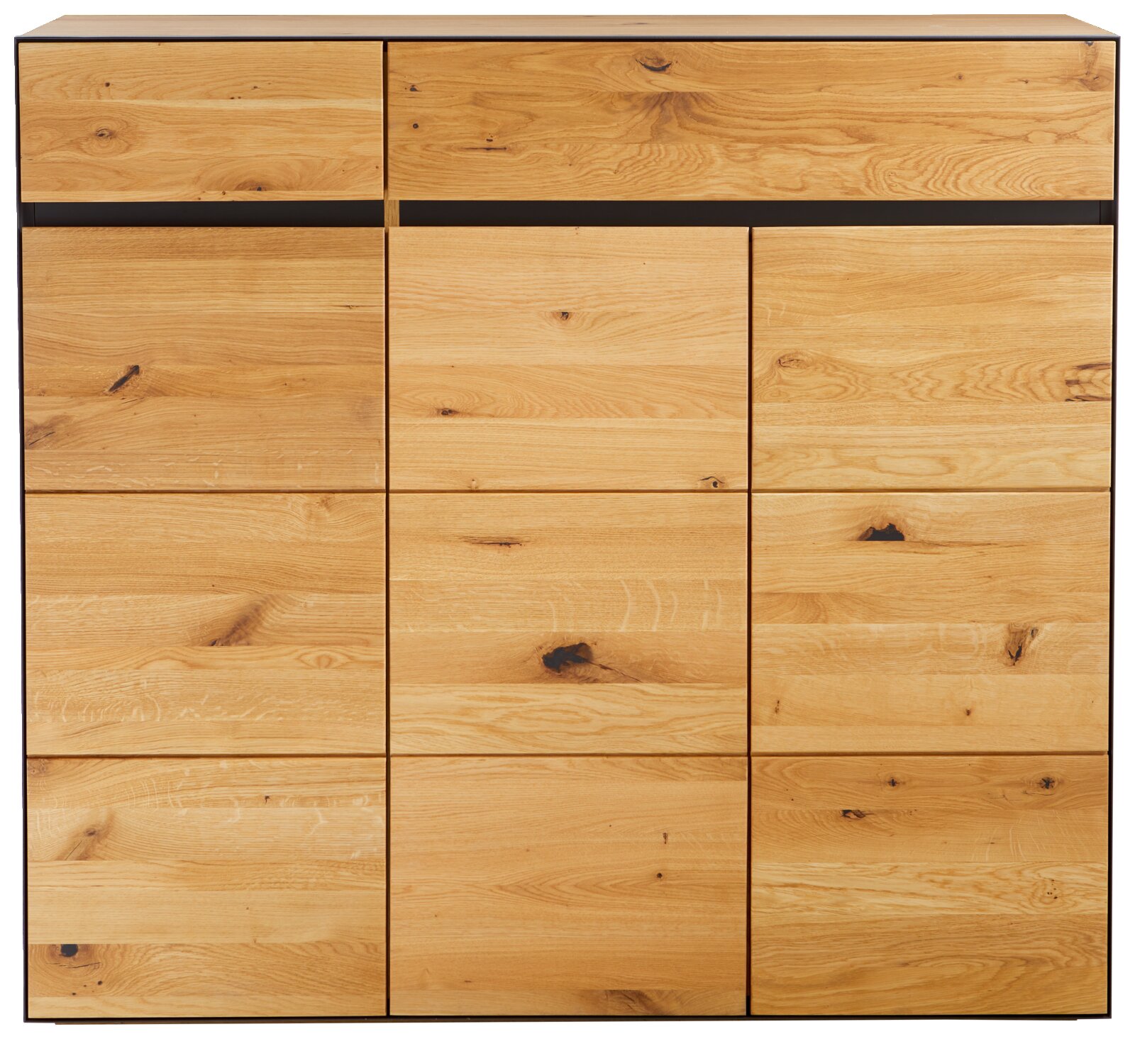 Frontansicht eines XL-Schuhschranks aus hellem Holz mit mehreren Türen und Schubladen.