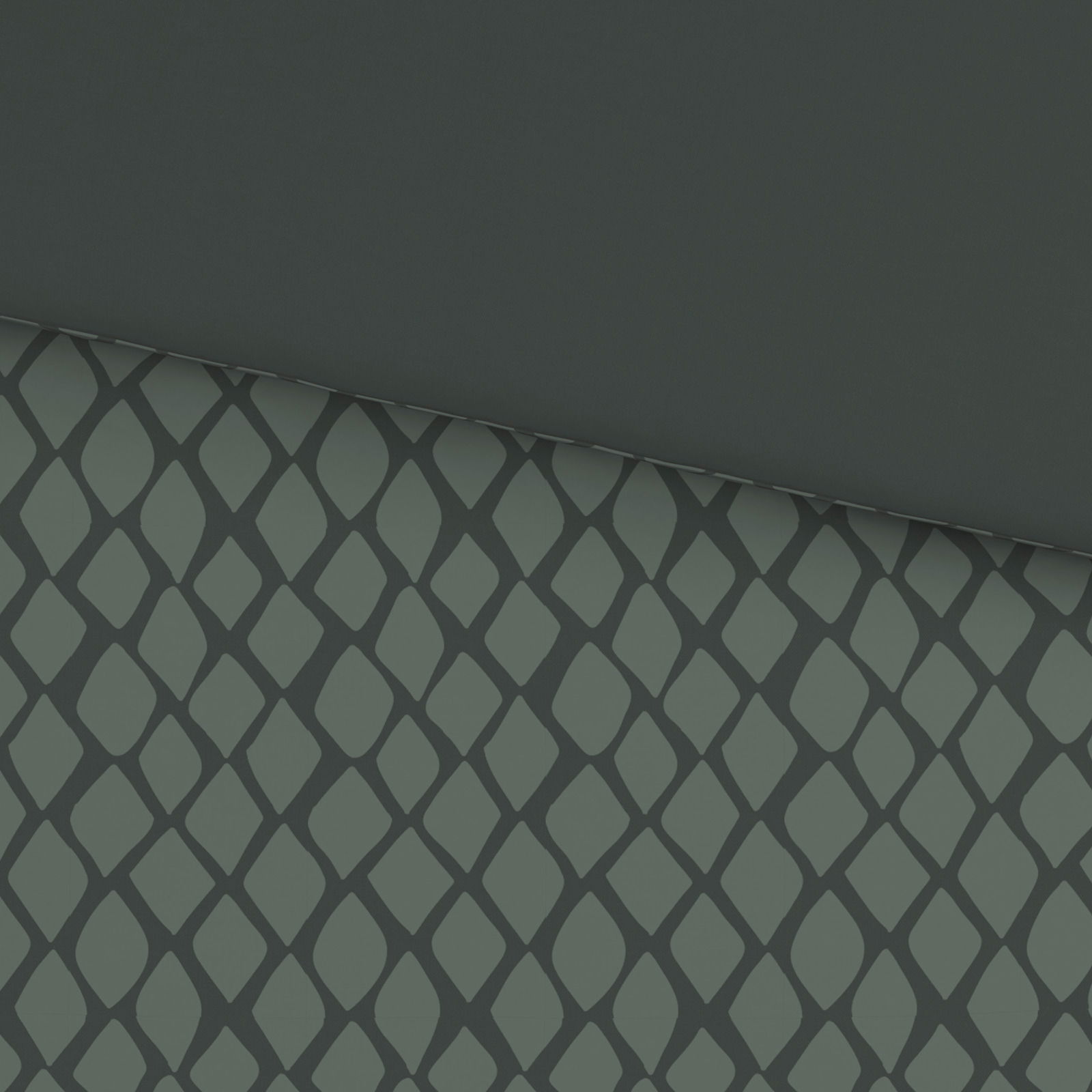 Wendebettwäsche mit geometrischem Muster in dunklen Grüntönen, Draufsicht