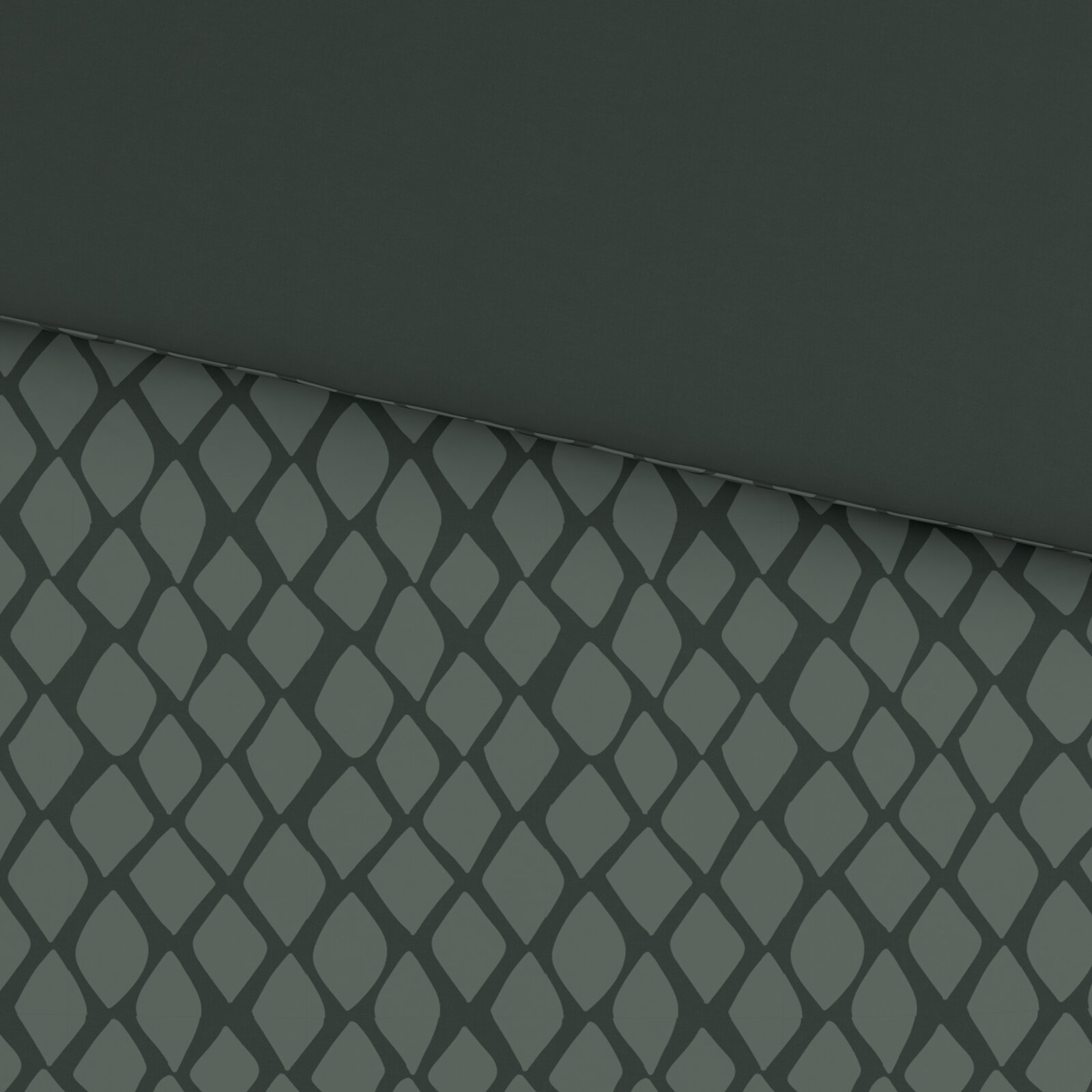 Wendebettwäsche mit geometrischem Muster in dunklen Grüntönen, Draufsicht