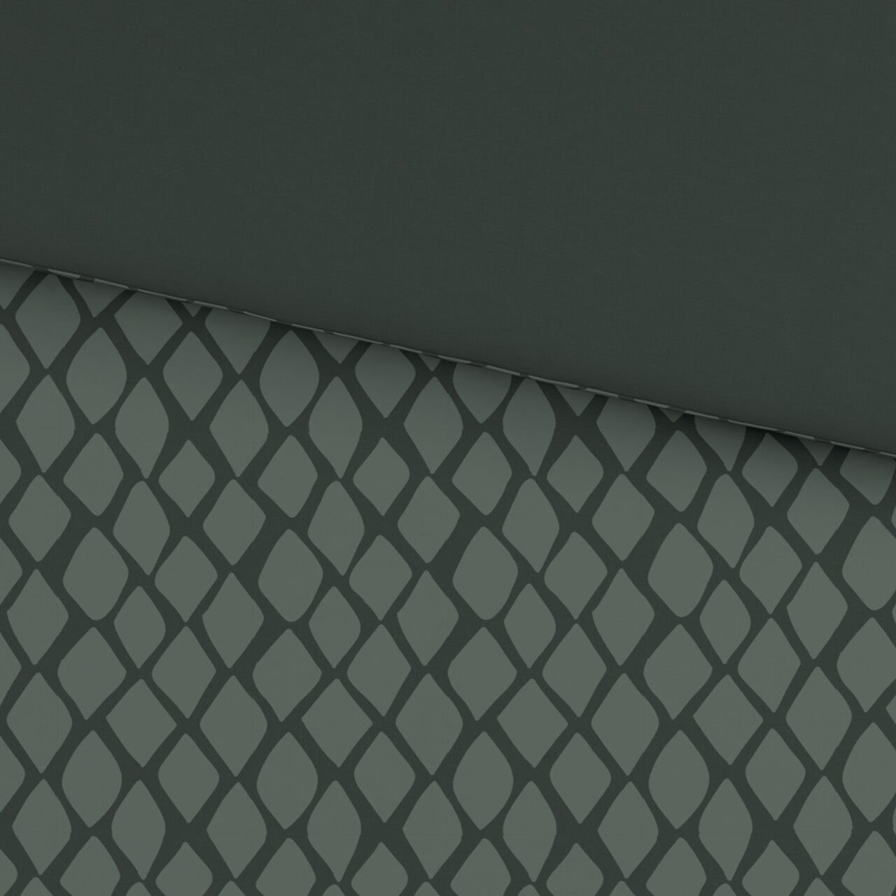Wendebettwäsche mit geometrischem Muster in dunklen Grüntönen, Draufsicht