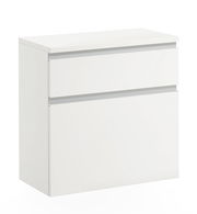 Weißer Hängeschuhschrank mit zwei Schubladen, frontale Ansicht