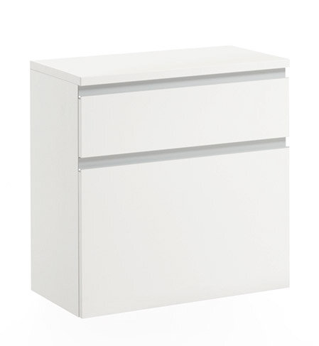 Weißer Hängeschuhschrank mit zwei Schubladen, frontale Ansicht