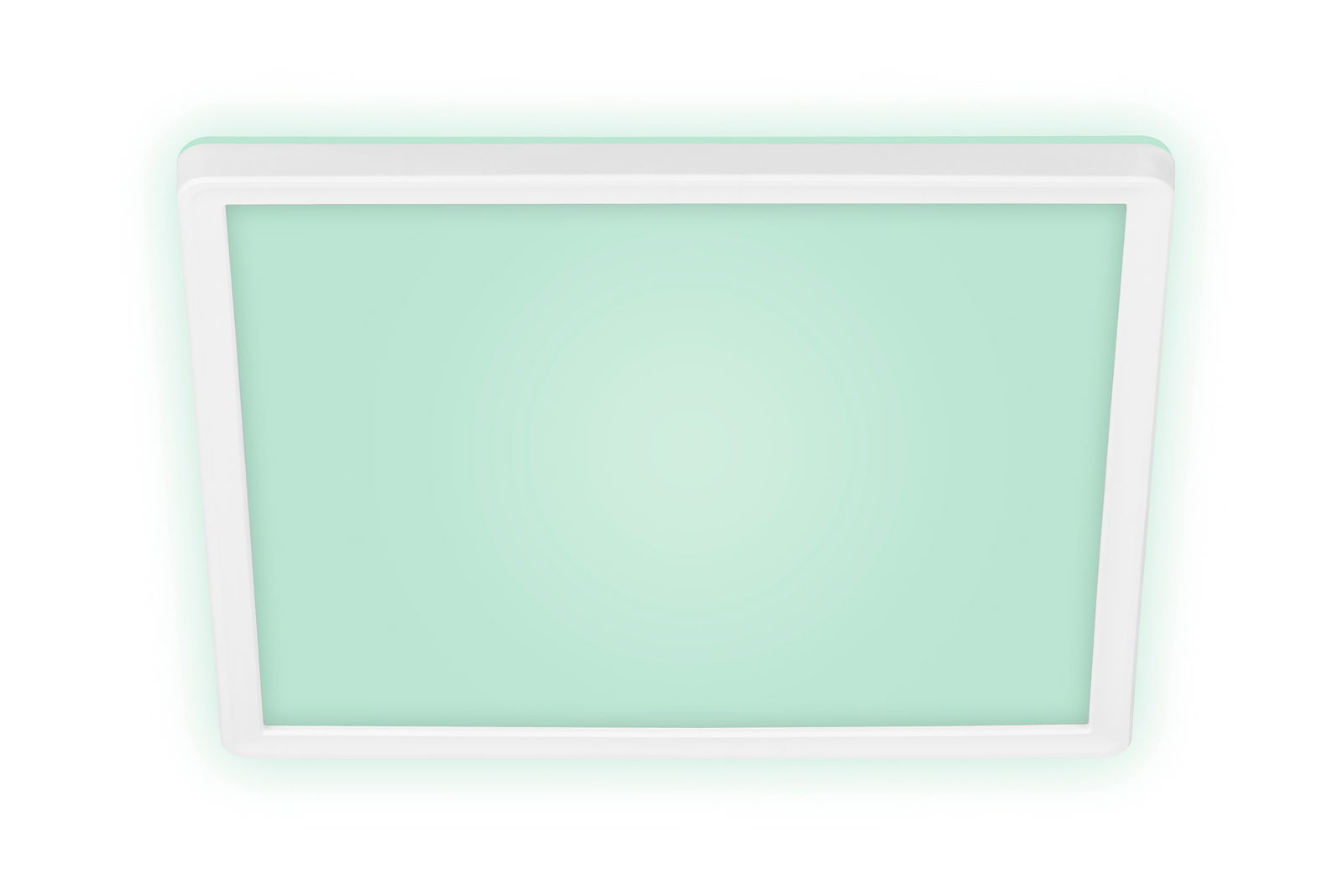 Rechteckige LED-Deckenleuchte mit weißem Rahmen und grünlichem Licht, Ansicht von unten.